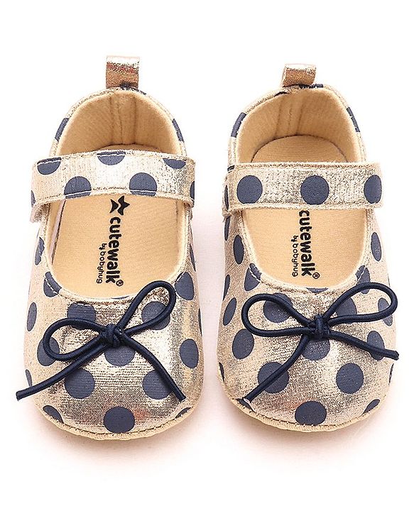 Cute Walk by Babyhug Party Booties with Velcro Closure Polka Dot with Bow - Golden