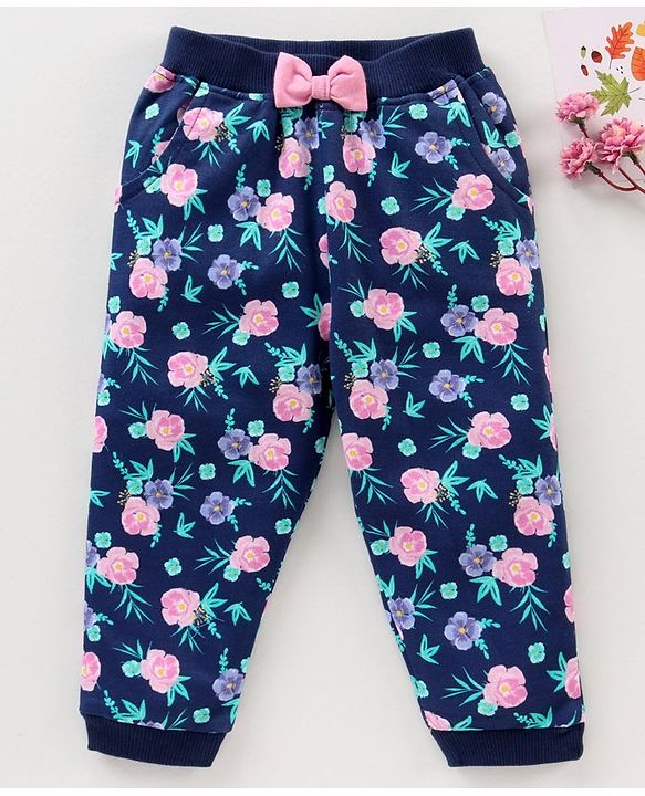 Babyhug Cotton knit Full Length Floral Printed Lounge Pant - Blue