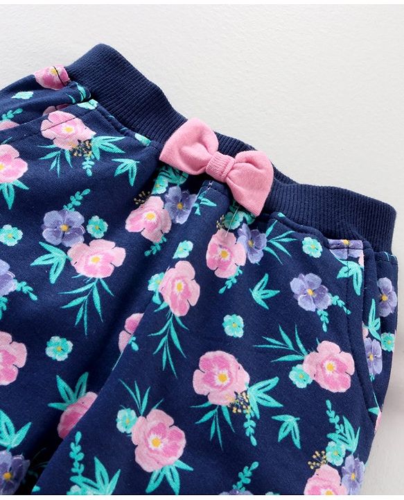 Babyhug Cotton knit Full Length Floral Printed Lounge Pant - Blue