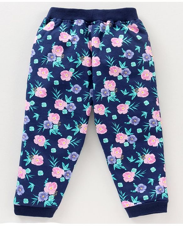 Babyhug Cotton knit Full Length Floral Printed Lounge Pant - Blue