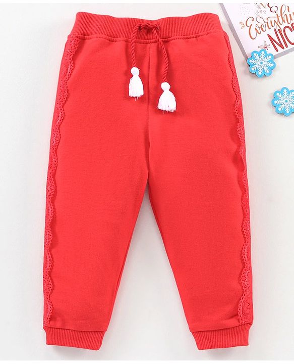 Babyhug Full Length Cotton Lounge Pant with Ribbed Waist - Red