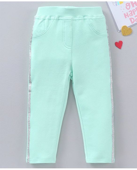 Babyhug Full Length Cotton Lycra Jeggings Solid WIth Lurex Side Tape- Green
