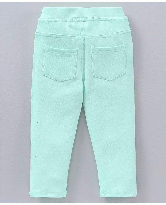 Babyhug Full Length Cotton Lycra Jeggings Solid WIth Lurex Side Tape- Green