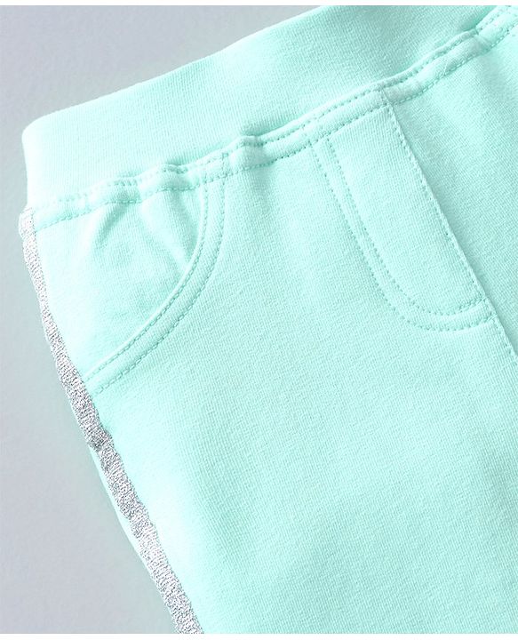 Babyhug Full Length Cotton Lycra Jeggings Solid WIth Lurex Side Tape- Green
