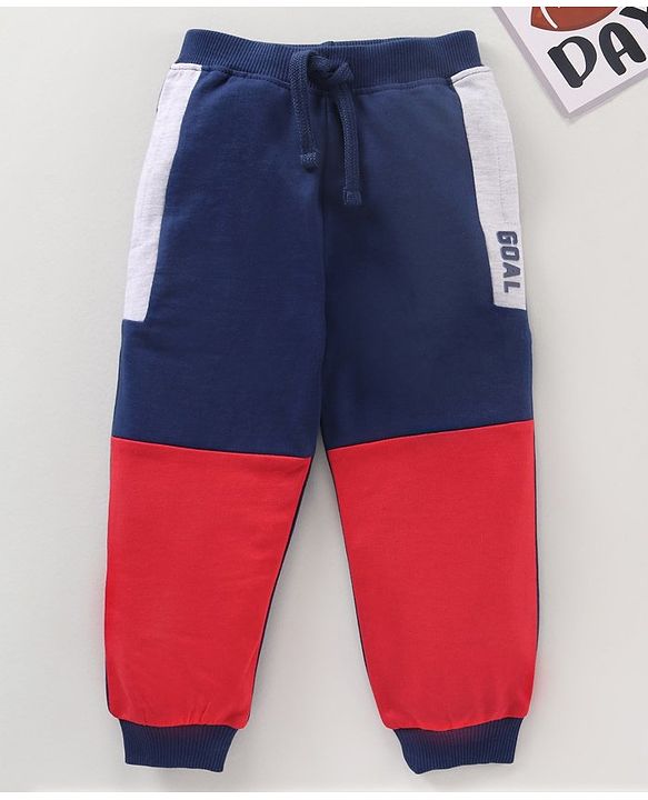 Babyhug Cotton Knit Full Length Track Pants Text Print - Blue Grey Red
