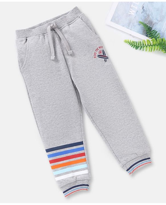 Babyhug Full Length Cotton Striped and Solid Colour Lounge Pant - Grey