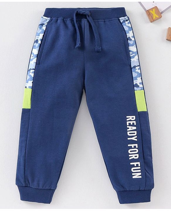 Babyhug Cotton Full Length Ribbed Waist Track Pant Text Print - Navy