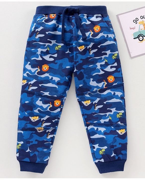 Babyhug Cotton Knit Full Length Animal Printed Lounge Pant - Blue