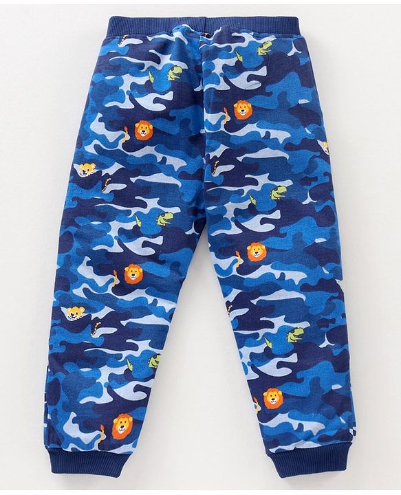Babyhug Cotton Knit Full Length Animal Printed Lounge Pant - Blue