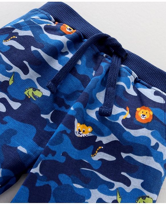 Babyhug Cotton Knit Full Length Animal Printed Lounge Pant - Blue