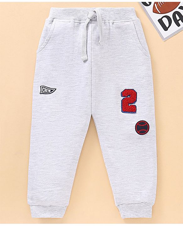 Babyhug Full Length Cotton Lounge Pant Patch Work With Ribbed Waist - Grey