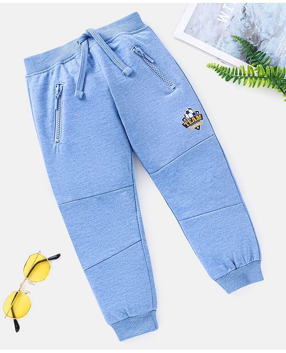 Babyhug Full Length Cotton Football Print Lounge Pant with Zipper Pockets - Blue