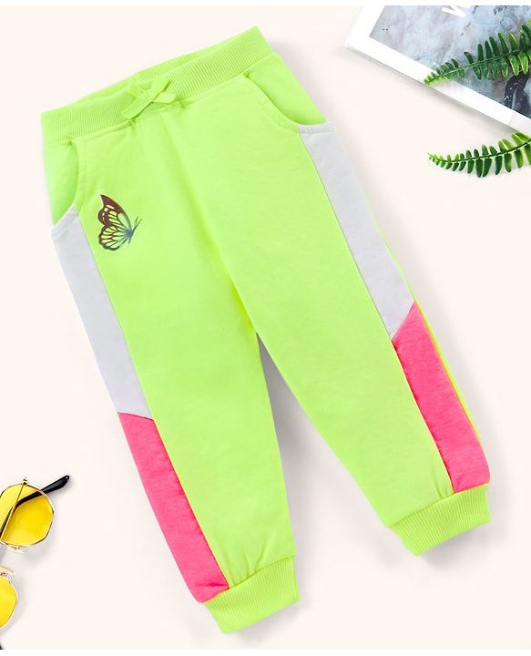 Babyhug Cotton Knit Full Length Lounge Pant Butterfly Print - Lime