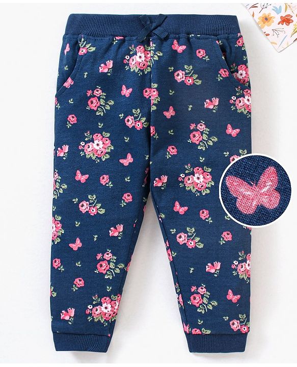 Babyhug Cotton Full Length Lounge Pant Floral Print - Navy Blue