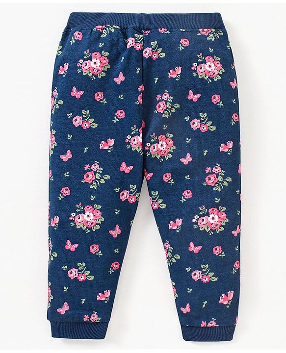 Babyhug Cotton Full Length Lounge Pant Floral Print - Navy Blue