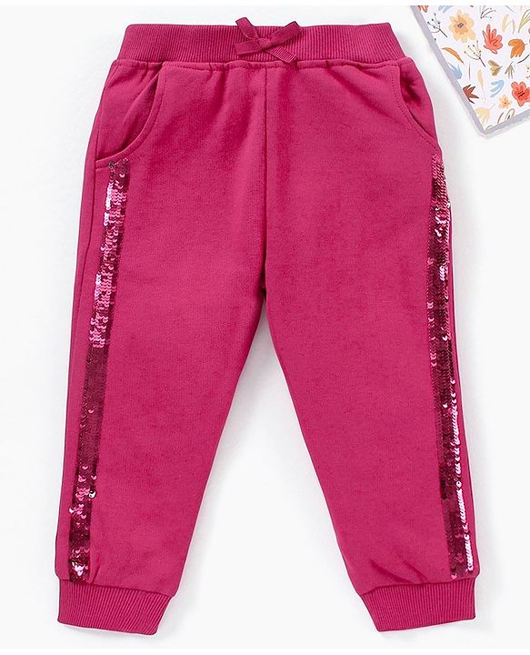 Babyhug Cotton Knit Full Length Lounge Pant Sequin Embellished - Maroon