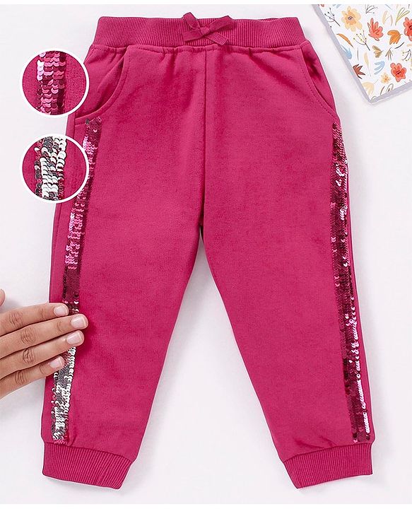 Babyhug Cotton Knit Full Length Lounge Pant Sequin Embellished - Maroon
