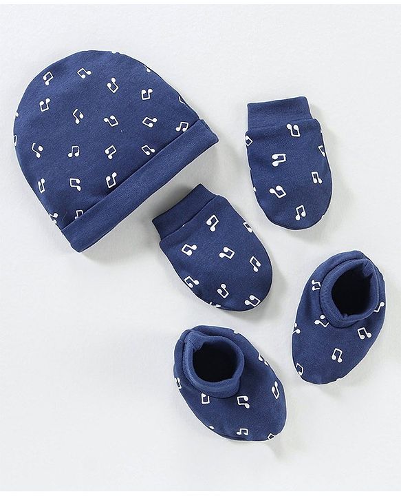Babyhug 100% Cotton Cap Mitten & Booties Navy Blue - Diameter 9.5 cm