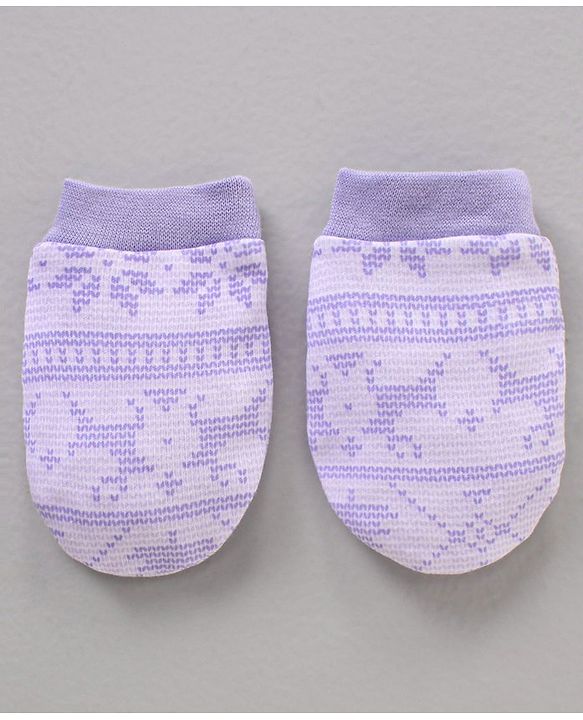 Babyhug 100% Cotton Cap Mitten & Booties Printed Purple- Diameter 11 cm