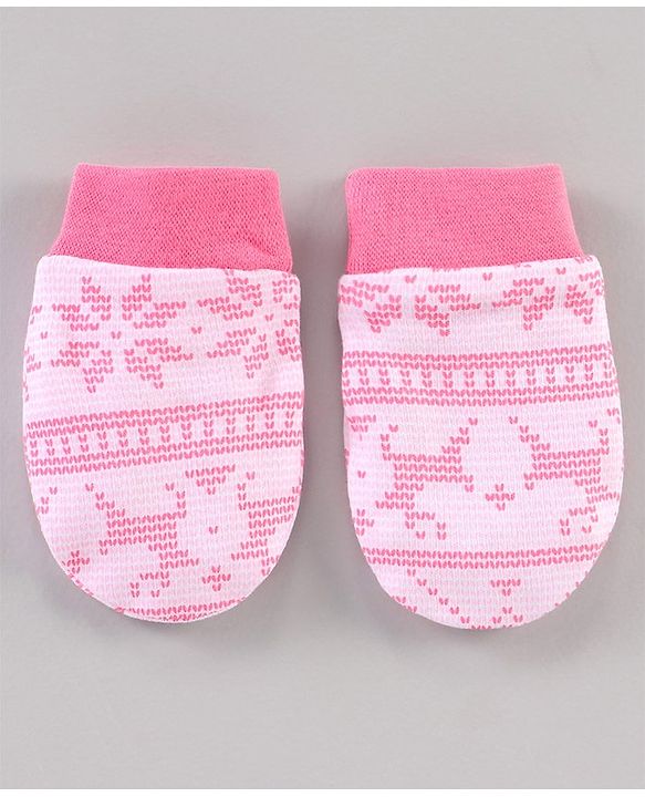 Babyhug 100% Cotton Cap Mitten & Booties Pink - Cap Diameter 11.5 Cm