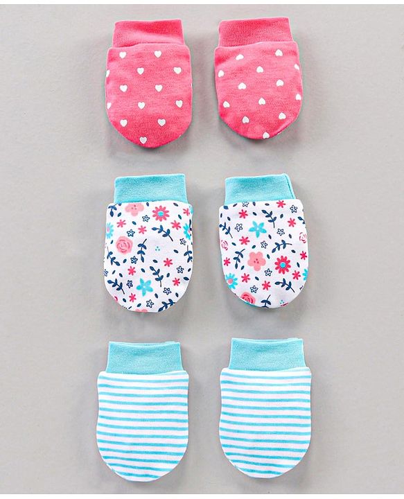 Babyhug 100% Cotton Mittens Heart Print Pack Of 3 - Pink