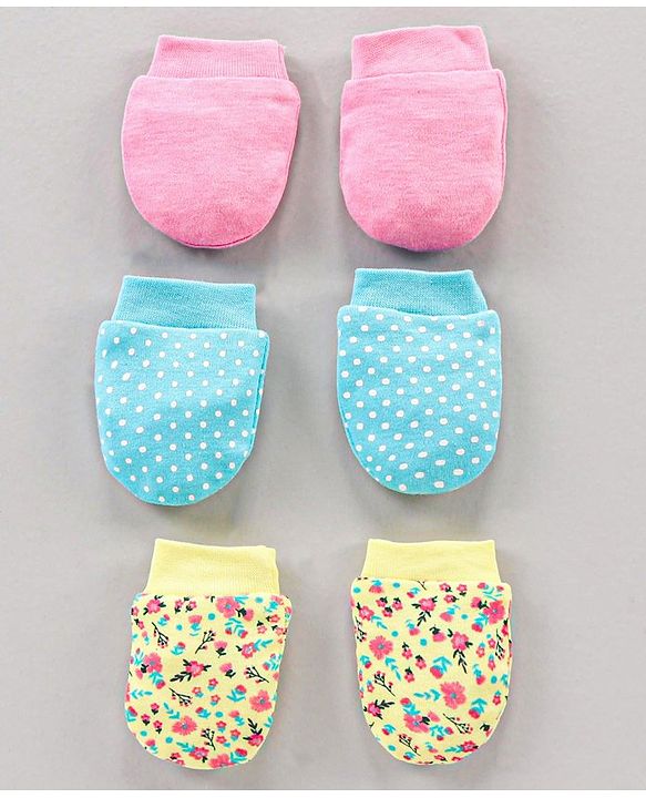 Babyhug 100% Cotton Mittens Floral Print Pack Of 3 - Blue Yellow Pink