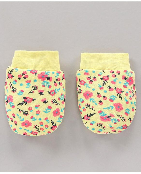 Babyhug 100% Cotton Mittens Floral Print Pack Of 3 - Blue Yellow Pink