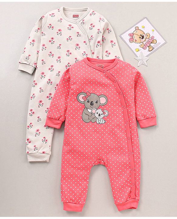 Babyhug 100% Cotton Knit Full Sleeves Romper Koala & Floral Print Pack of 2 - Multicolour