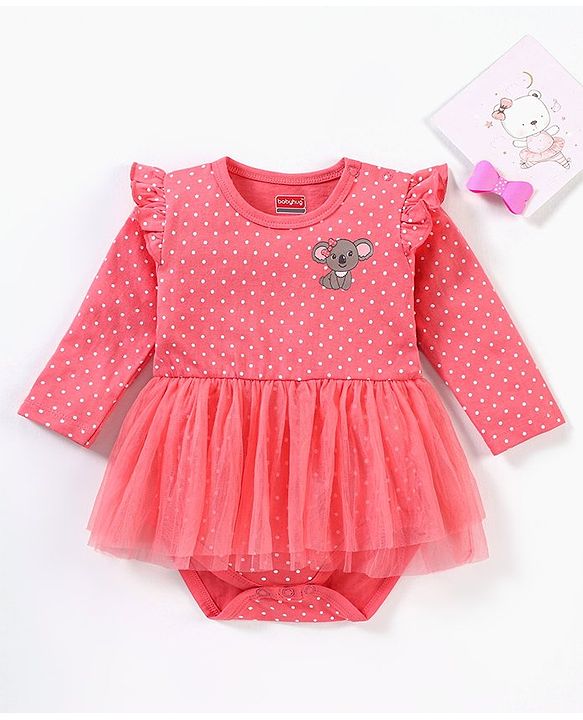 Babyhug 100% Cotton Full Sleeves Frock Style Onesie Polka Dot Print - Pink