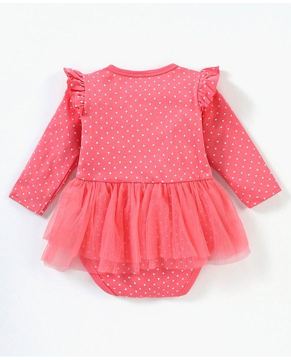 Babyhug 100% Cotton Full Sleeves Frock Style Onesie Polka Dot Print - Pink
