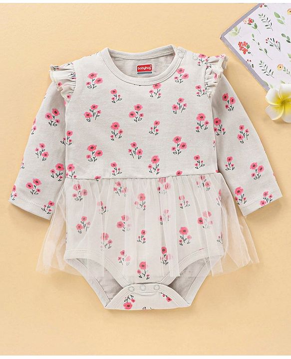 Babyhug 100% Cotton Full Sleeves Frock Style Onesie Floral Print - Grey