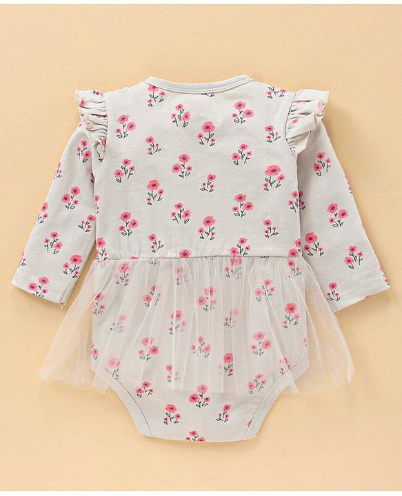 Babyhug 100% Cotton Full Sleeves Frock Style Onesie Floral Print - Grey