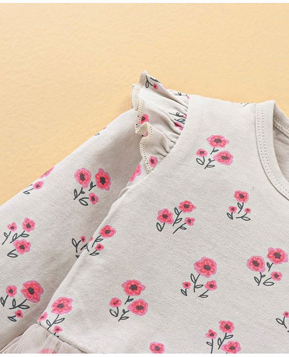 Babyhug 100% Cotton Full Sleeves Frock Style Onesie Floral Print - Grey