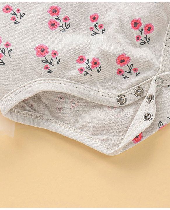 Babyhug 100% Cotton Full Sleeves Frock Style Onesie Floral Print - Grey