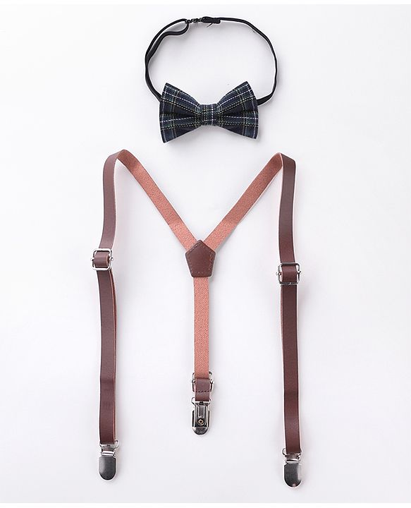 Babyhug Checkered Bow and Suspender Set - Black Brown