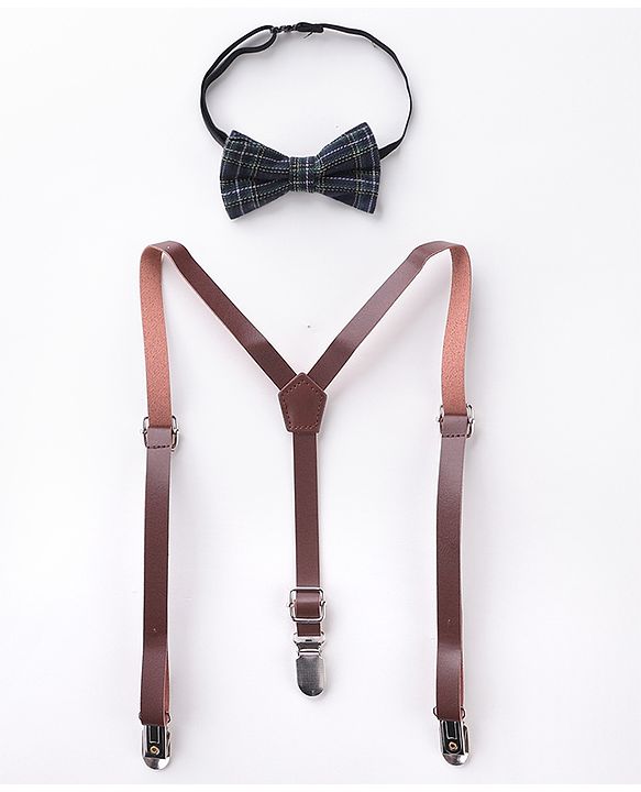 Babyhug Checkered Bow and Suspender Set - Black Brown