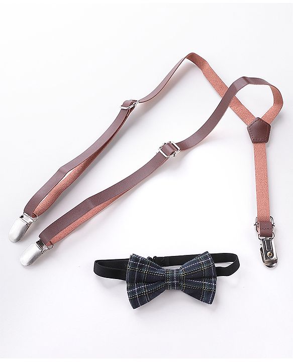 Babyhug Checkered Bow and Suspender Set - Black Brown