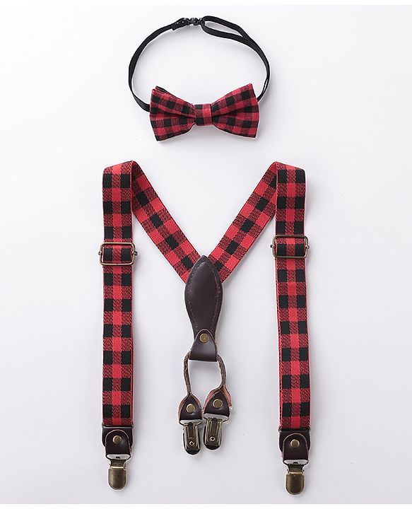 Babyhug Checkered Bow and Suspender Set - Red