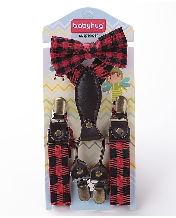 Babyhug Checkered Bow and Suspender Set - Red