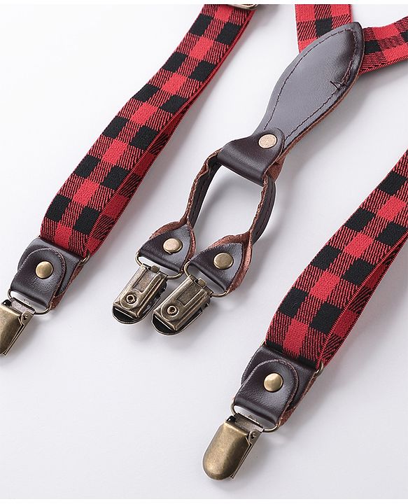 Babyhug Checkered Bow and Suspender Set - Red