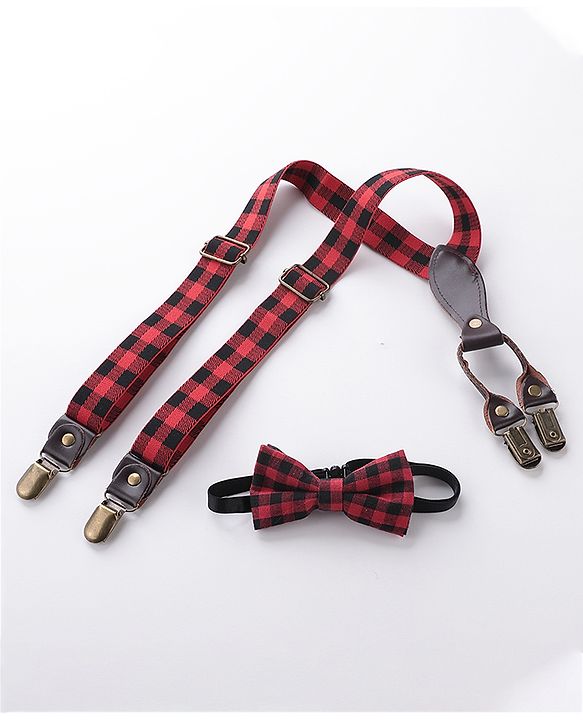 Babyhug Checkered Bow and Suspender Set - Red