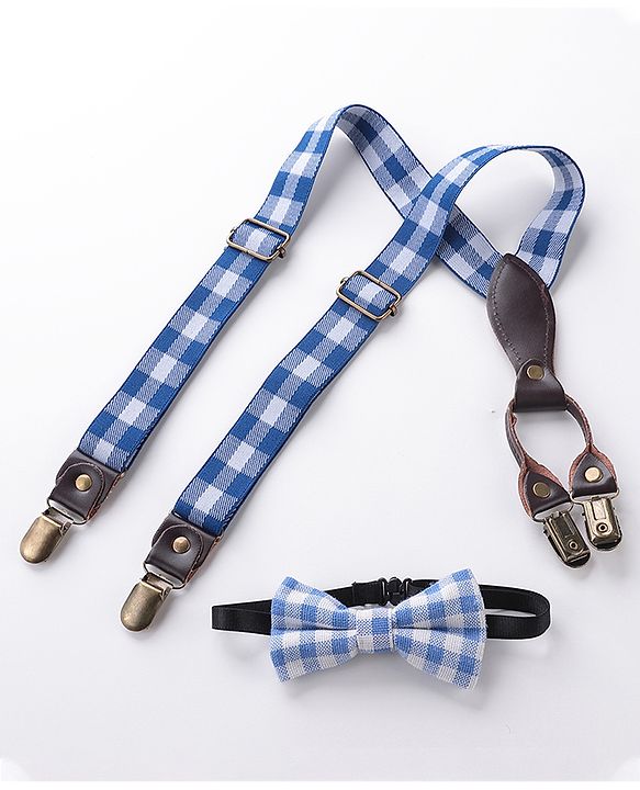 Babyhug Checkered Bow and Suspender Set - Blue