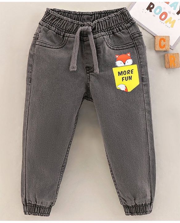 Babyhug Full Length Spandex Denim Jogger Fox Applique - Grey