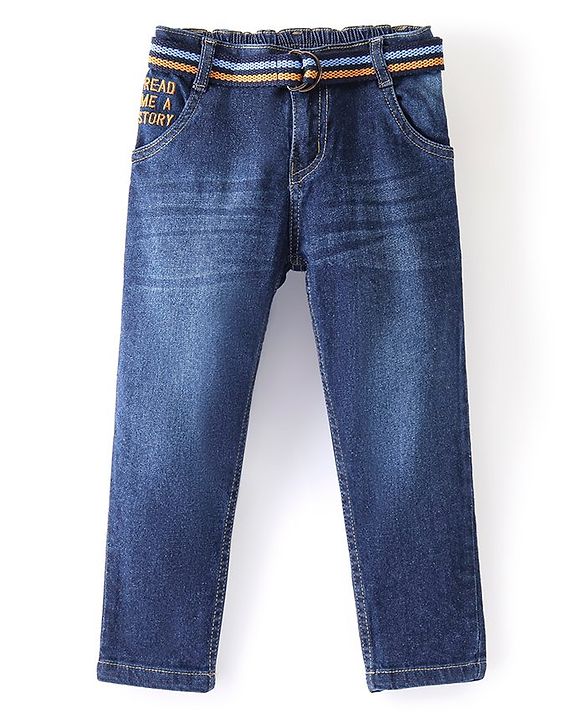Babyhug Cotton Full Length Denim Jeans with Belt Washed Solid Colour - Blue