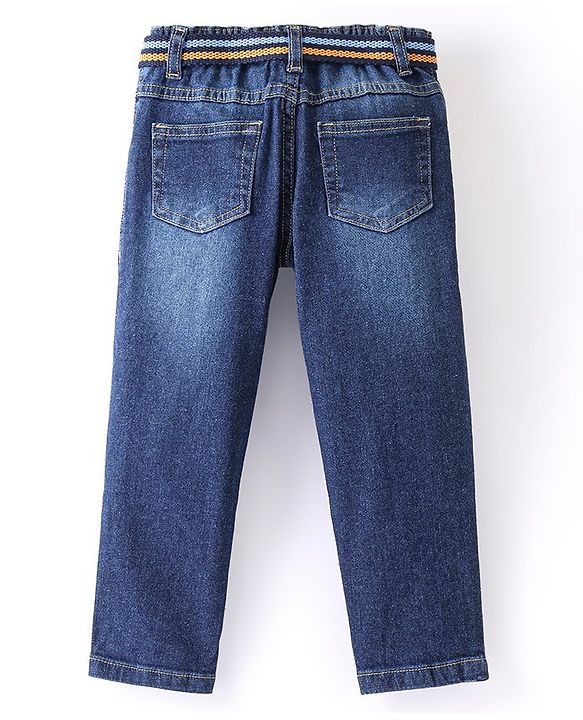 Babyhug Cotton Full Length Denim Jeans with Belt Washed Solid Colour - Blue