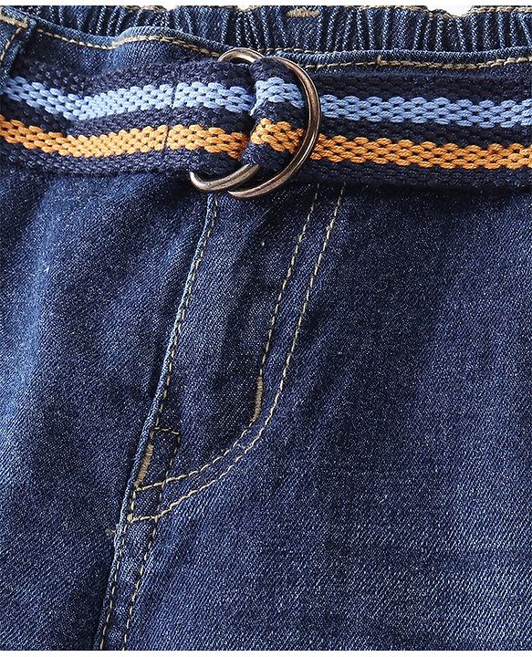 Babyhug Cotton Full Length Denim Jeans with Belt Washed Solid Colour - Blue