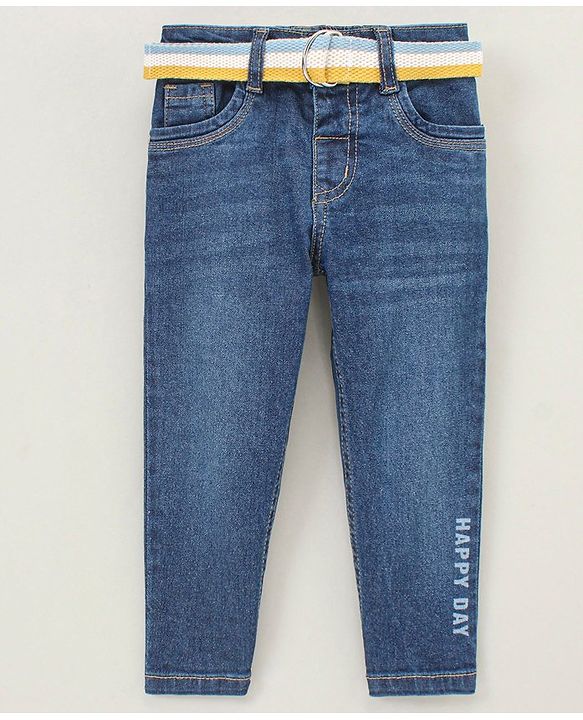 Babyhug Full Length Washed Denim Stretchable Jeans with Belt Text Print - Blue