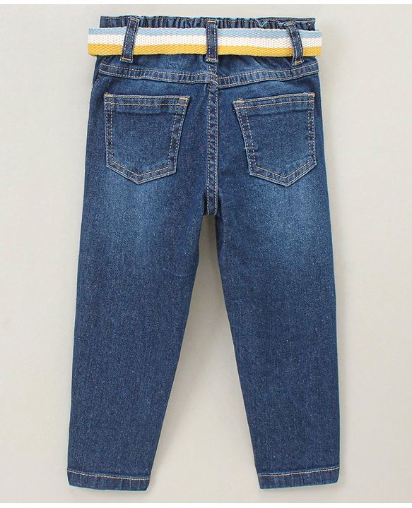 Babyhug Full Length Washed Denim Stretchable Jeans with Belt Text Print - Blue