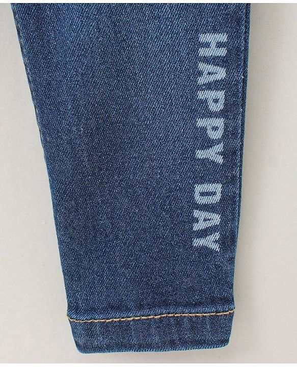 Babyhug Full Length Washed Denim Stretchable Jeans with Belt Text Print - Blue