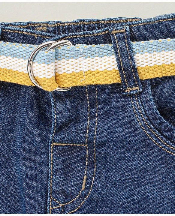 Babyhug Full Length Washed Denim Stretchable Jeans with Belt Text Print - Blue